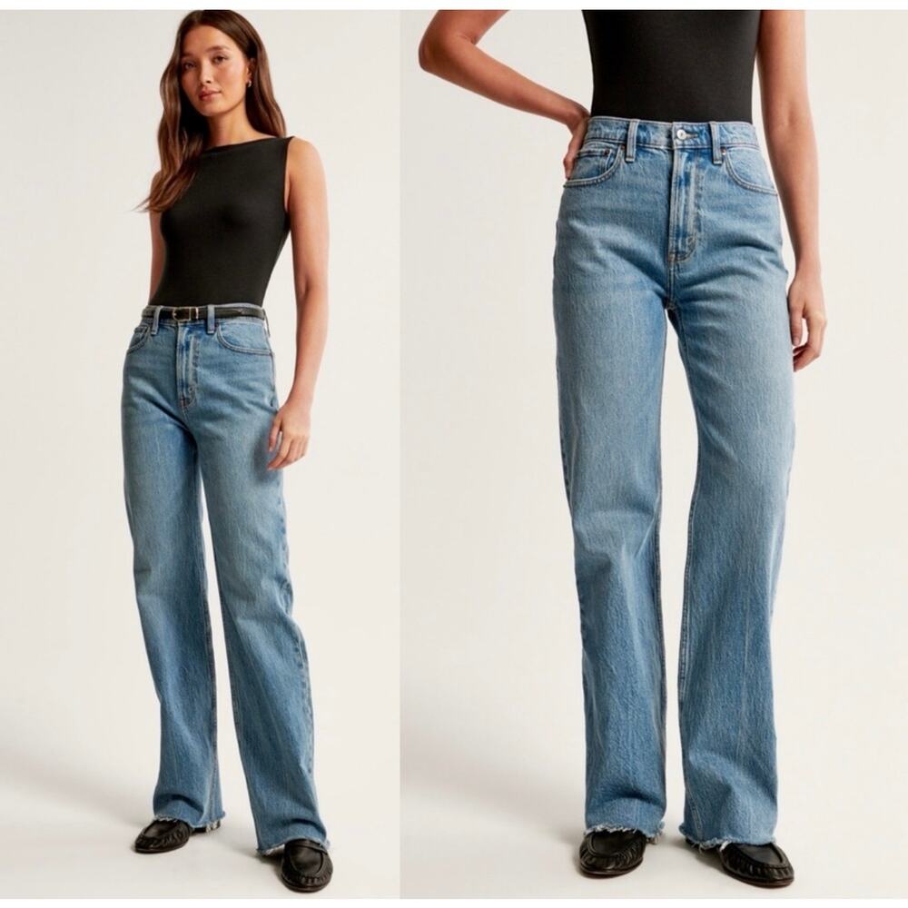 Abercrombie The 90s Relaxed Jean Curve Love High Rise Raw Hem Blue Wash 25 / 0R